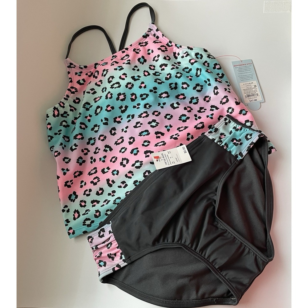 Cat and Jack Girls' Two-Piece Bathing Suit Size 10/12 Plus NWT UPF 50 Cheeta